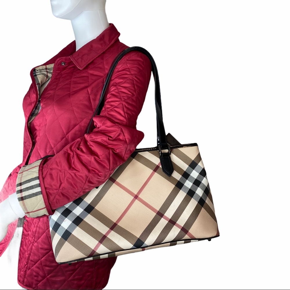 Auth Burberry Beige Black Nova Check Plaid Totes